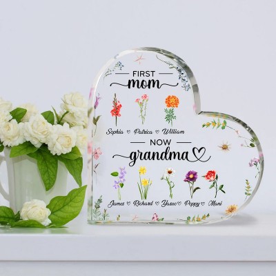 Personalized First Mom Now Grandma Birth Month Flowers Heart Acrylic Plaque