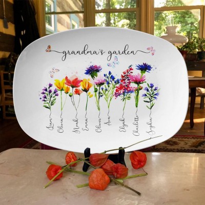 Custom Grandma's Garden Plate With Grandkids Names Birth Month Flower Platter