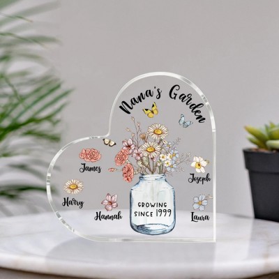 Personalized Nana's Garden Birth Month Flowers Heart Acrylic Plaque