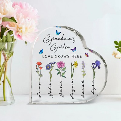 Personalized Grandma's Garden Birth Month Flowers Heart Acrylic Plaque