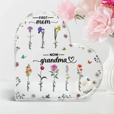 Personalized First Mom Now Grandma Birth Month Flowers Heart Acrylic Plaque