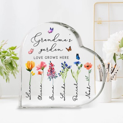 Personalized Grandma's Garden Birth Month Flowers Heart Acrylic Plaque