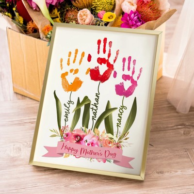 Personalized Flower DIY Handprint Art Frame Gift for Mom Grandma