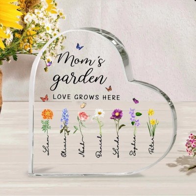 Personalized Mom's Garden Birth Month Flowers Heart Acrylic Plaque